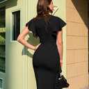 Memoriesea Women's Vintage Church Ruffle Sleeve Ruched Bodycon Work Midi Pencil Dress (Black, M)