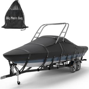 Tuszom 1200D 100% Waterproof Ski & Wakeboard Tower Boat Cover Tear-Proof Trailerable Full Size Boat Cover for Boats with Ski Or Wakeboard Towers (Black, 20'-22'L, Beam Width to 106" W)