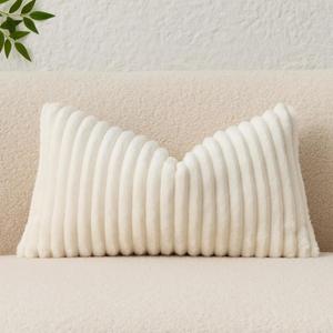 Kevin Textile Soft Plush 14x24 Inch Lumbar Pillow Cover 1 Pack, Luxury Fluffy Faux Fur Striped Flannel Rectangle Cushion Case for Couch Sofa Chair Bed Home Decor, Cream White