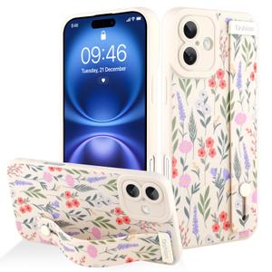 AIGOMARA for iPhone 16 Plus Case with Strap, Cute Flower Silicone, White