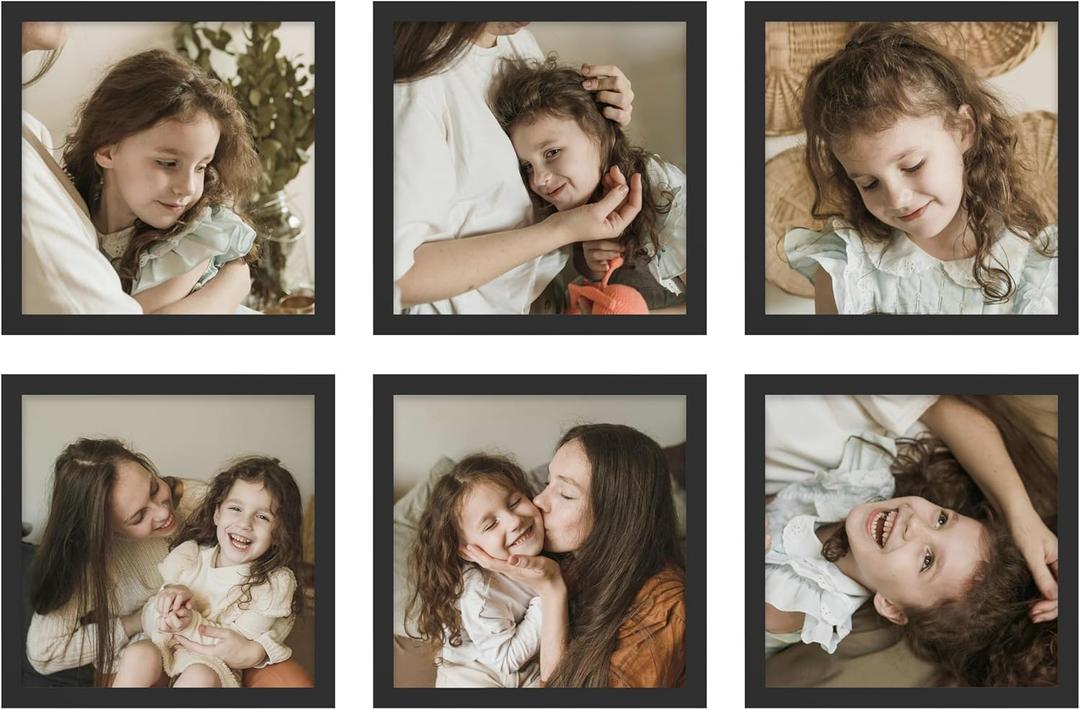 An&He 8x8 Picture Frames Set of 6, Displays 4x4 with Mat or 8x8 Without Mat Photos, Square Collage Wall Decor for Gallery, Tabletop & Wall Decor, Black