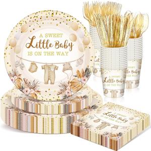 168 Pcs Neutral Gold Baby Shower Decorations Boho Gender Reveal Party Favors a Sweet Little Is on The Way Plates and Napkins Disposable Tableware Set Serve 24