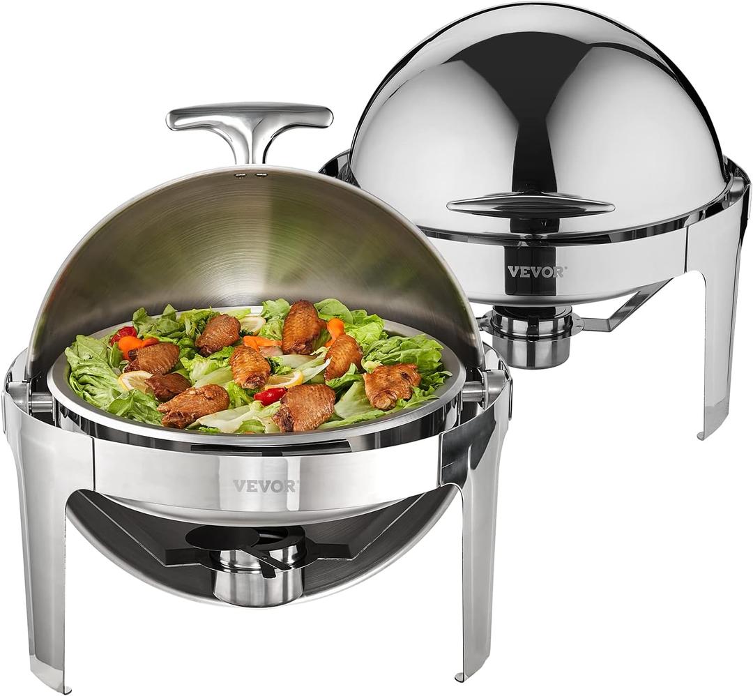 VEVOR Roll Top Chafing Dish Buffet Set, 6 Qt 2 Pack, Stainless Steel Chafer with 2 Full Size Pans, Round Catering Warmer Server with Lid Water Pan Stand Fuel Holder, for at Least 5 People Each (Silver)