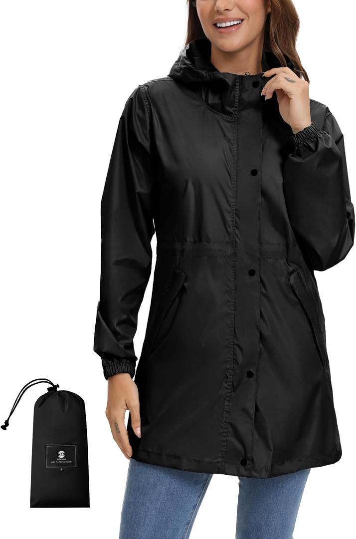 SaphiRose Women's Lightweight Long Rain Jacket Packable Raincoat Hooded Outdoor Trench Coats (Black, S)