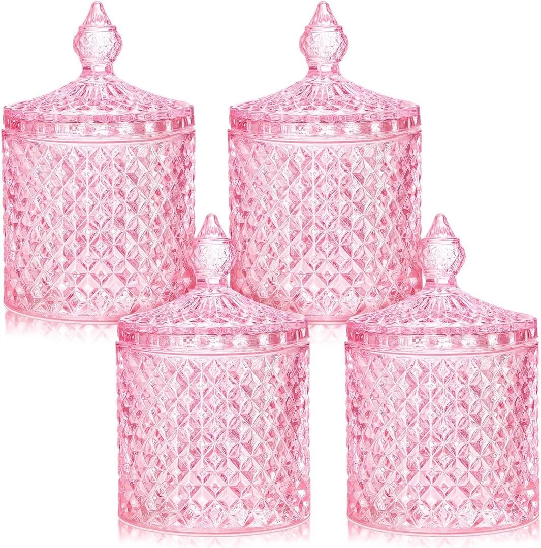 Aoriher 4 Pcs Crystal Glass Candy Jar Set with Lids Home Decorative Storage Jars for Apothecary, Bathroom, Kitchen, and Pantry, Ideal for Cotton Swabs and Jewelry(Medium,Pink)