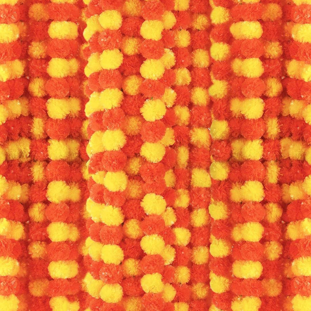 6 Pcs - 5 Feet Marigold Garland Indian American Wedding Party Mantle Decoration, Dia de Los Muertos Faux Garlands Diwali Decoration, Spring Bush Floral Dark Dark Orange, Yellow
