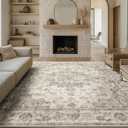 8x10 Washable Neutral Area Rug Taupe Floral Living Room Bedroom Large Carpet Non-Slip Low Pile Vintage Soft Thin Throw Rug for Dining Room Office Kitchen Indoor Nursery (8' x 10' (Rectangular))