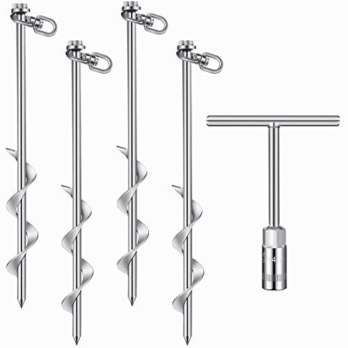Hiboom 4 Pcs Ground Anchor Screw Heavy Duty Earth Anchors Tent Stakes for High Wind with T Handle Hex Wrench Trampoline Hook Ground Stakes for Camping Canopies Car Ports Sheds (Silver,12 Inch)