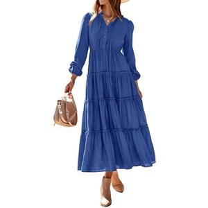 MASCOMODA Fall Long Sleeve Maxi Dresses for Women 2025 Casual Boho Button Ruffle Neck Tiered A Line Flowy Wedding Guest Dress, M