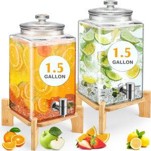FillTouch 2 Set 1.5 Gallon Glass Beverage Dispenser with Wooden Stand Large Water Drink Dispensers for Parties with Leakproof Stainless Steel Spigot Glass Lid for Water, Juice, Iced Tea