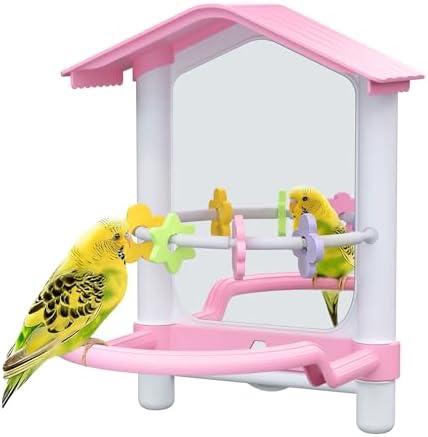 8.1 Inch Pet Bird Mirror with Perch Stand and Parakeet Chew Toys,Parrot Toys Bird Cage Decorative Accessory, Helps Birds Release Stress for Canaries Budgies Lovebirds Conures Cockatiels (Pink)