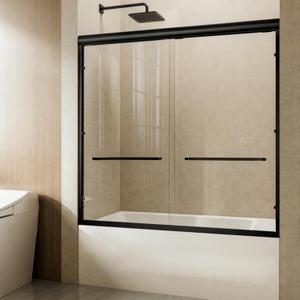 Sliding Bathtub Shower Door, 56-60" W x 57" H Glass Shower Door, Matte Black Aluminum Frame with Stainless Steel Towel Bar