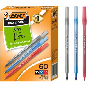 BIC Round Stic Xtra Life Assorted Ink Ballpoint Pens, Medium Point (1.0mm), 60-Count Pack of Bulk Pens, Flexible Round Barrel for Comfortable Writing, No. 1 Selling Ballpoint Pens