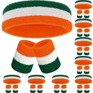 Bememo 30 Pcs Neon Striped Sports Sweatbands Set Include 10 Headbands, 20 Wristbands Terry Cloth Athletic Bands for Men, Women, Gym, Sports-Green, Orange, White