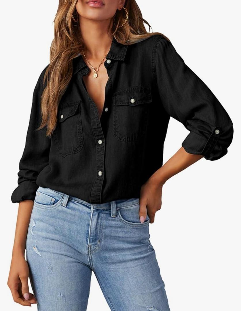 Astylish Women Button Down Denim Shirts Casual Long Sleeve V Neck Chambray Blouse Top. XL, Black