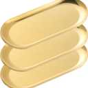 3 Pack Gold Trays for Decor, Stainless Steel Decorative Tray, Small Vanity Tray for Bathroom, Elegant Jewelry Tray for Holding Perfume, Keys, Wallet, Business Cards, Candle, Oval