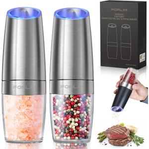 FORLIM Electric Salt and Pepper Grinder Set, Upgraded 4 Batteries, Automatic Pepper Grinder with LED Light, Adjustable Coarseness One Hand Operation, Stainless Steel,2 Pack (Sliver)