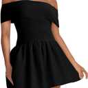 Women's Elegant Ribbed Off Shoulder Mini Dress Puffy Flowy Short Dresses Party Club Going Out (Black)