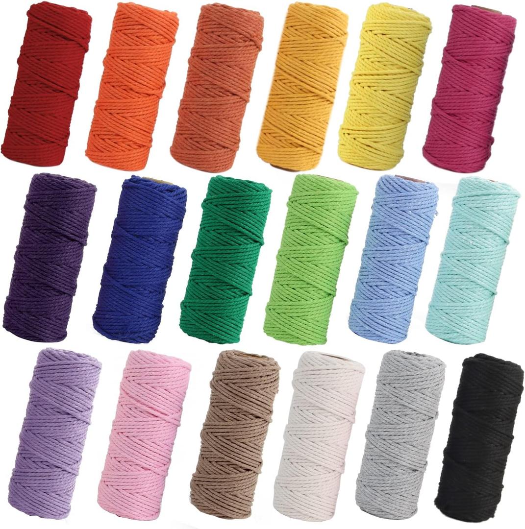 PHUNTTEK Macrame Cord 2mm x 590 Yards 18 Rolls Natural Cotton Cord 3 Stands Jute Twine String Soft Rope Assorted Colored Yarns for DIY Knitting Knotting Craft Macrame Project Supplies