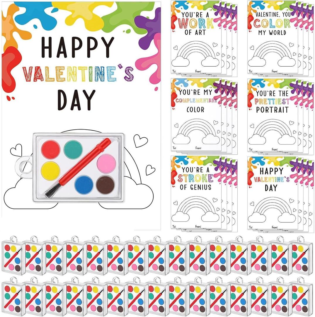 Sabary 30 Pack Valentines Day Gifts for Kids Valentines Watercolor Paint Set with Gift Cards Mini Paint Sets with Adhesive Dots for Class Exchange Prizes Party Favors for Preschool Classroom School