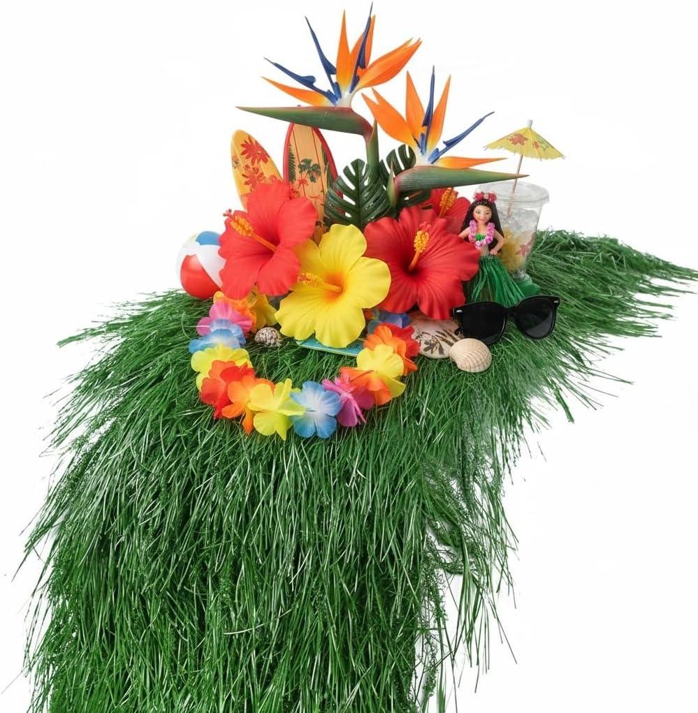 XLX TURF 13" x 36" Shaggy Fake Grass Table Runner for Hawaiian Party Summer Decor, Fireproof Green Thatch Palm for Wedding, Jungle Safari Wild One Birthday, Baby Shower