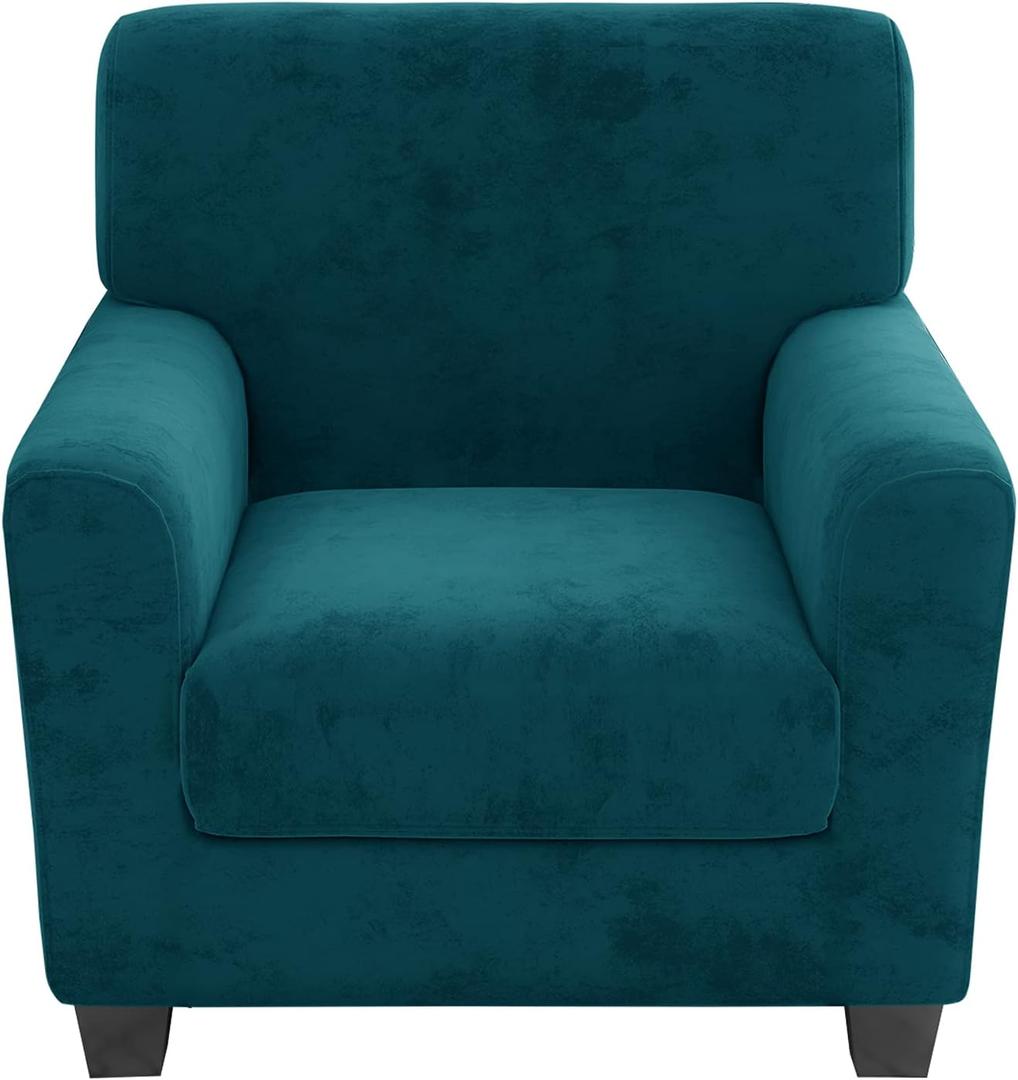 Velvet Plush 2 Pieces Chair Covers for Living Room Super Stretch Anti Slip Chair Slipcovers with Arms Dogs Pets Armchair Furniture Protector with Elastic Bottom (Blackish Green, Chair)