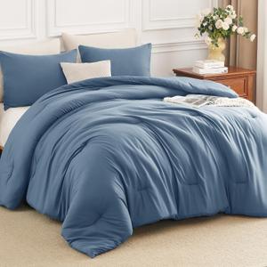 Queen Comforter Set 3 Piece, 270GSM Down Alternative Fill, Oeko-TEX Certified, 100% Microfiber, Quilted with 8 Corner Ties, All Season Bedroom Decor Bedding with 2 Pillowcases, Grayish Blue