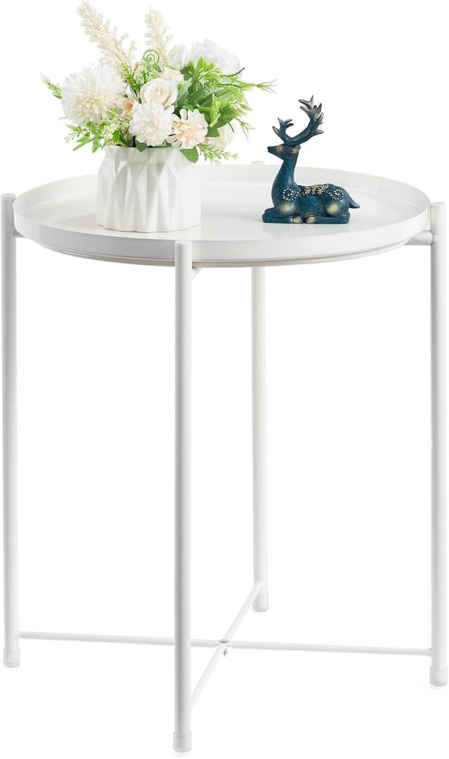 HollyHOME Round Metal Side Table, Outdoor Small Folding Accent Stand with Removable Tray, 17.72'' Portable End Table for Balconies, Gardens, Living Rooms and Bedrooms, White