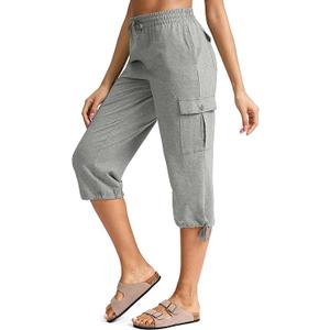 SANTINY Womens Cotton Cargo Capris Soft Stretch Drawstring Travel Casual Capri Pants for Women with 6 Pockets(Dark Grey_S)
