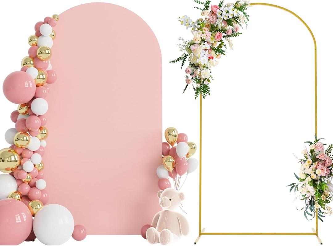 Wokceer 7.2 FT Wedding Arch Stand and Arch Cover, Metal Arch Backdrop Stand with Arch Stand Cover for Birthday Party Wedding Ceremony Bridal Baby Shower Event Decor, Pale Pink