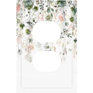 Green Pink Floral Flower Rustic Eucalyptus Leaves Wildflower Outlet Covers 1 Gang Duplex Light Switch Cover Decorative Switch Plates Electrical Receptacle Faceplate Wall Plate for Bedroom Living Room