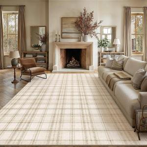 12x15 Beige Plaid Living Room Area Rug