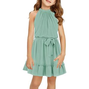 Newffr Girl's Halter Neck Sleeveless Summer Dress Tie Waist A-line Sundress Mini Swing Pleated Dress for Girls (Green,13-14 Years)