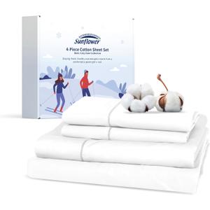 sunflower Cotton Queen Sheet Set - Queen Size Sheet Deep Pocket Up to 16 inches, White Queen Sheet Set, 4-Piece Luxury Hotel Quality Sheet with Silver Trimmed Design