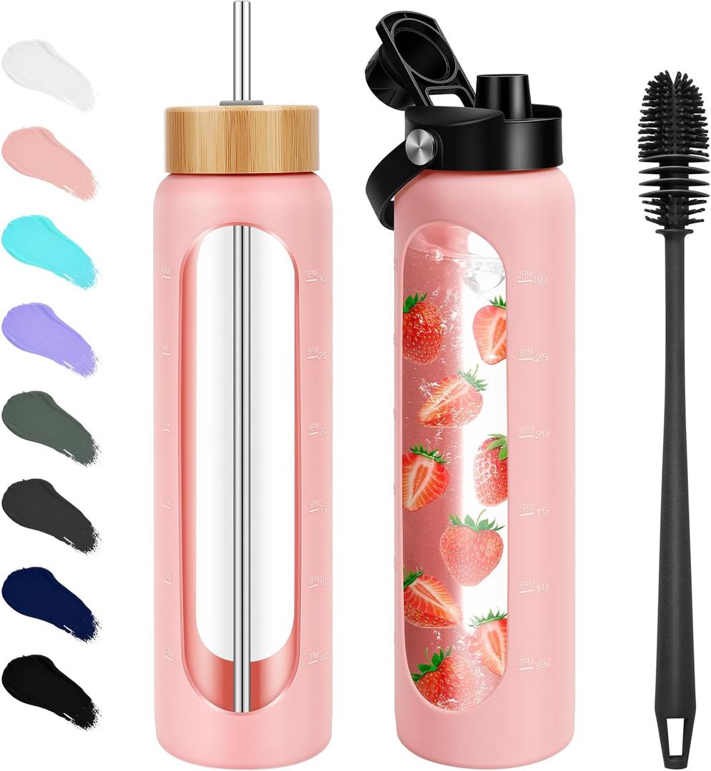 32 oz Glass Water Bottles - 1 Liter Motivational Tumbler Water Bottle Time Marker - Borosilicate Glass Water Bottle With Silicone Sleeve and 2 Lids, Handle Spout & Bamboo Straw Lid (Pink)