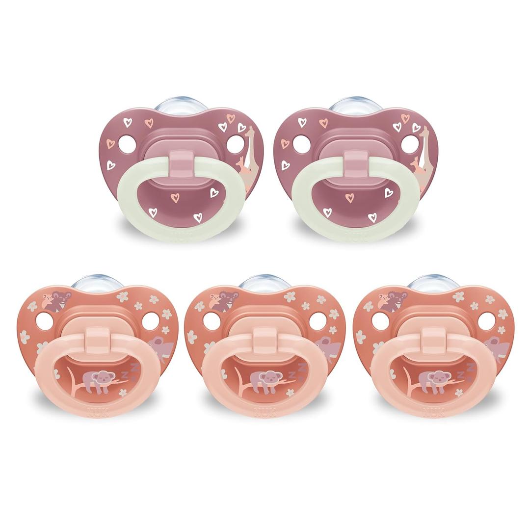 NUK First Choice Classic Baby Pacifier, 0-6 Months Newborn Pacifier, Orange & Pink, Newborn Essentials, 5-Pack