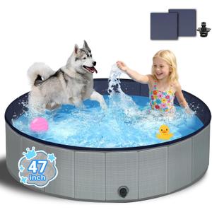 Foldable Dog Pool - 47" Kiddie Pool with Hard Plastic - Non-Slip Thickened Bottom Portable Pet Swimming Pool for Small Medium Large Dogs, Puppies & Kids(Gray)