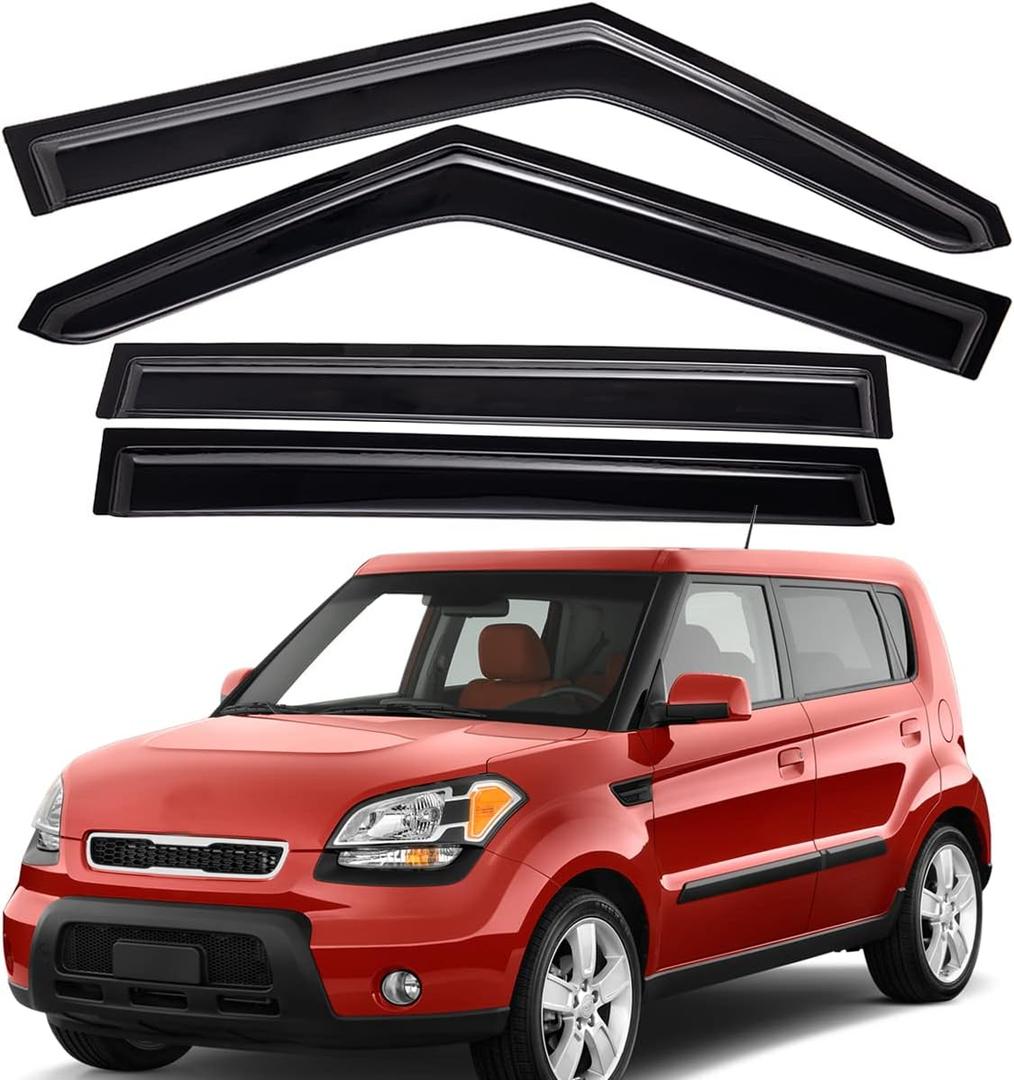 Lightronic Extra Durable Outside-Mount Auto Vent Window Visor, Fits 2010-2013 Kia Soul, UV Protection Rain Guard, Original Wind Deflector, No-Drill Easy Install, Dark Smoke, 4-Pcs