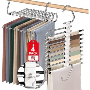 Upgrade 9 Layers Pants Hangers Space Saving, Non Slip Stainless Steel Multifunctional Pants Rack S-Type Clothes Pant Closet Hanger Organizer for Pants Jeans Trousers Scarf Skirts(4 Pack, Antiquewhite)