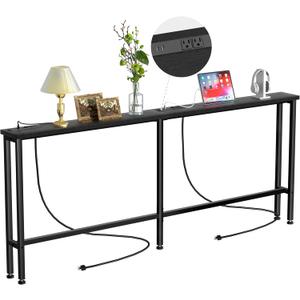 Keelian 90" Narrow Sofa Table - 2 Power Outlets & 4 USB Ports, Metal Frame,Perfect for Hallway, Office, and Behind Sofa - Easy Assembly, 4.9ft Extension Cord Included Black
