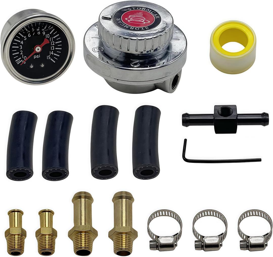 Universal Manual Adjustable 1-5 Psi Fuel Pressure Regulator Carburetor Carb Fuel Pump Kit with 0-15 Psi Pressure Gauge and Fuel Block for Carburetor Engine
