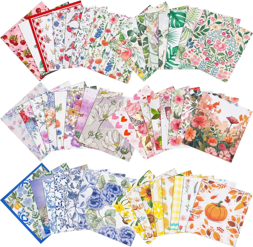 48 Pack 6 Color Assorted Floral Napkins for Decoupage Decorative Toilet Christmas Napkins Flower Cocktail Decorative Paper 6.5 Inch Decoupage Scrapbook Paper for Wedding Party Art Journaling