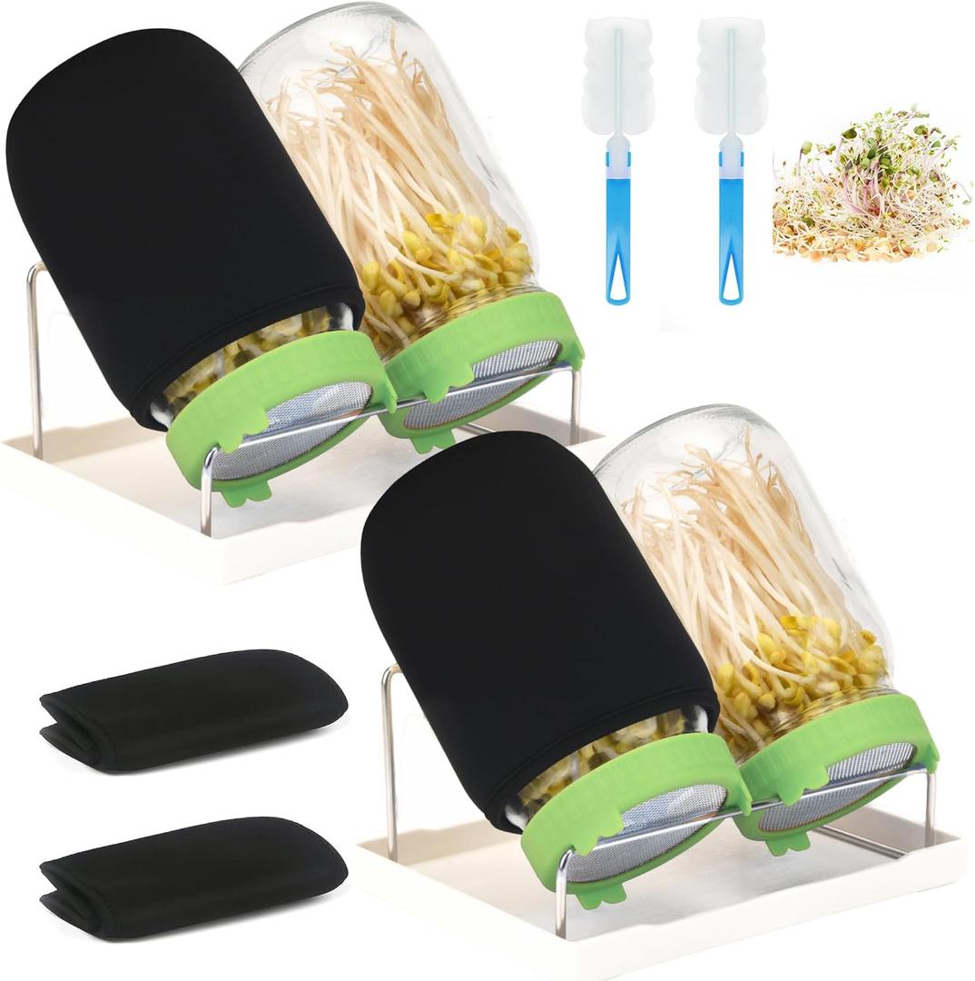 Lulonpon Sprouting Kit, 4 Sprouting Jar Kits, Wide Mouth Quart Mason Jars with Stainless Steel Screen Sprout Lids,1000ml Sprouts Growing Kit, Seed Sprouter Set for Growing Broccoli, Bean, Alfalfa  (Green)