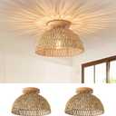 13 Inch Rattan Flush Mount Ceiling Lights Farmhouse Boho Ceiling Light Fixtures Rustic Wicker Hand Woven Rope Cage for Dining Room Kitchen Bedroom Foyer Hallway Entryway 2 Packs