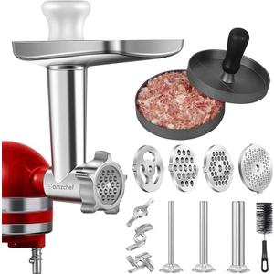 Metal Food Grinder Attachment for KitchenAid Stand Mixer, AMZCHEF Meat Grinder Attachments Included 3 Sausage Stuffer Tubes & Holder, 4 Grinding Plates, 2 Grinding Blades, Burger Press, Cleaning Brush