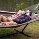 SUNCREAT 55 Inch Extra Large Double Hammock with 12 ft Stand, 475lbs Capacity, Outdoor Portable Hammock with Hardwood Spreader Bar, Extra Large Pillow, Brown