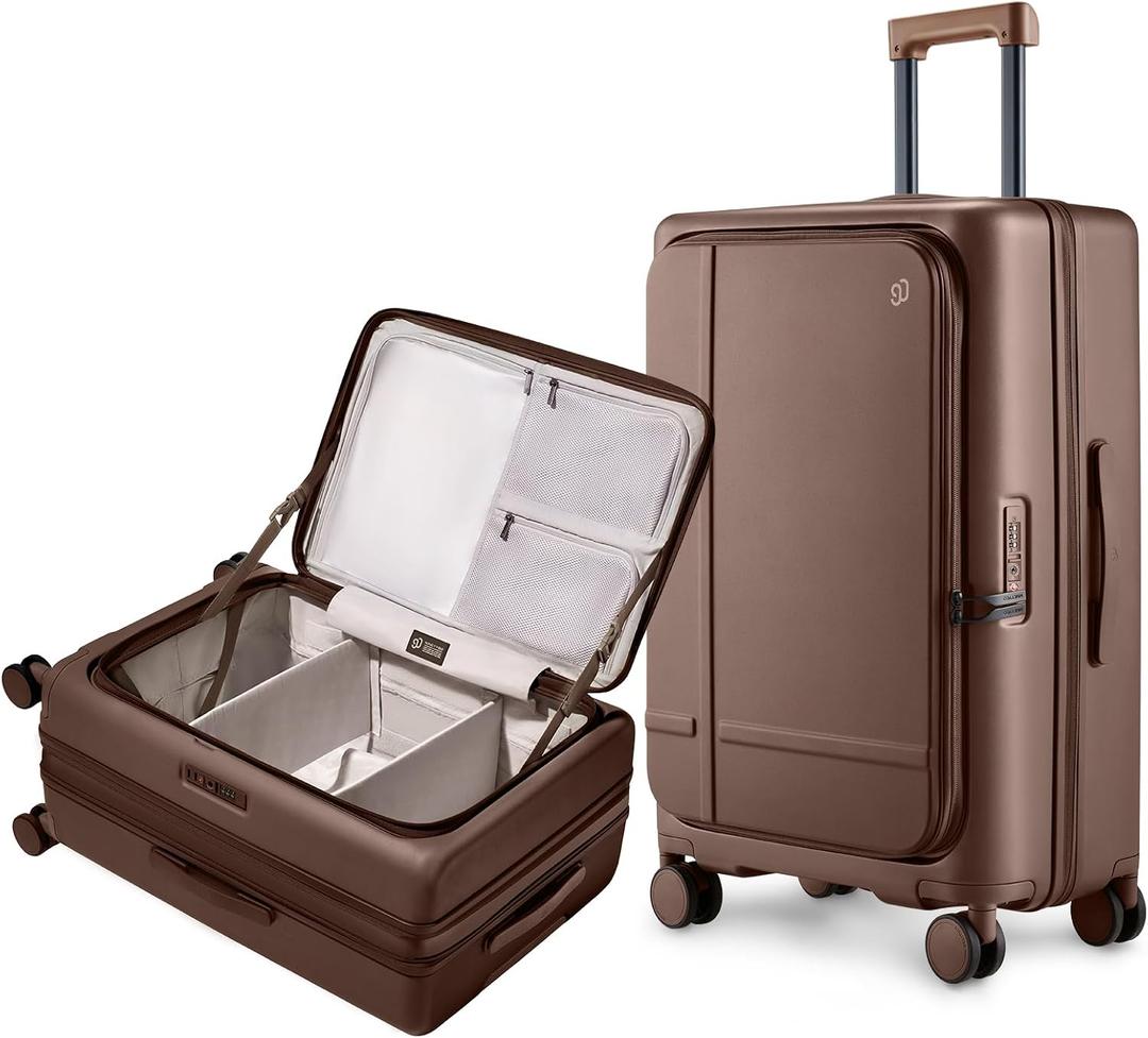 NINETYGO Medium Checked Luggage 25 Inch, Flat Top Opening Check In Luggage with Cup Holder, Expandable, Coffee-Infused PC Hard Shell, Eco-Friendly, TSA Lock, 360 Spinner Wheels (Latte)