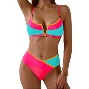 SOLY HUX Women's Color Block Bikini Set Spaghetti Strap V Wired Bathing Suit Summer Two Piece Swimsuit (Large, Pink and Blue)