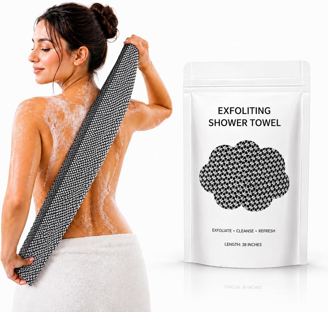 2 x Exfoliating Washcloth for Body, Long Exfoliating Shower Towel & Back Scrubber, Gentle Body Scrub Cloth for Daily Exfoliation, Quick Dry Open-Weave Shower Cloth, Black