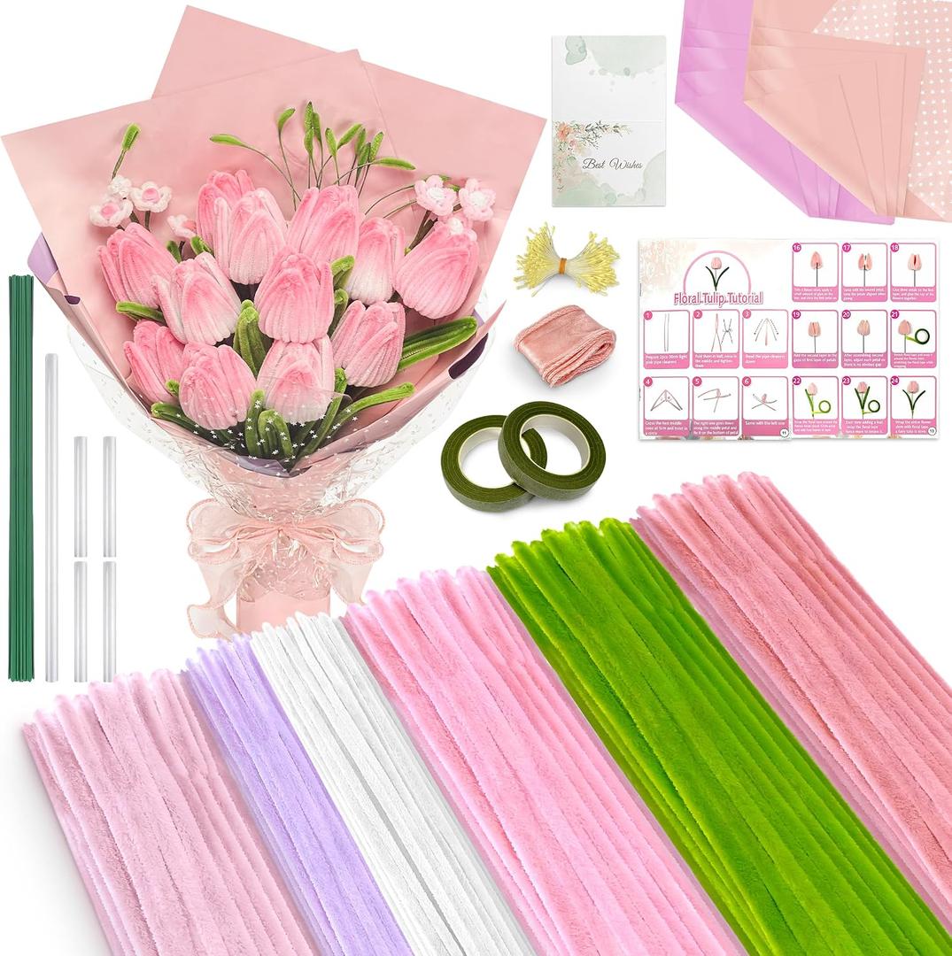 LINAYE 500 PCS Pipe Cleaners Craft, 6 Colors Pipe Cleaners Flowers Kit, Chenille Stems for Crafts with Instruction Wrapping Paper, Flower Stamens, Stems Art and Craft Supplies Pink (12inch x 6mm)